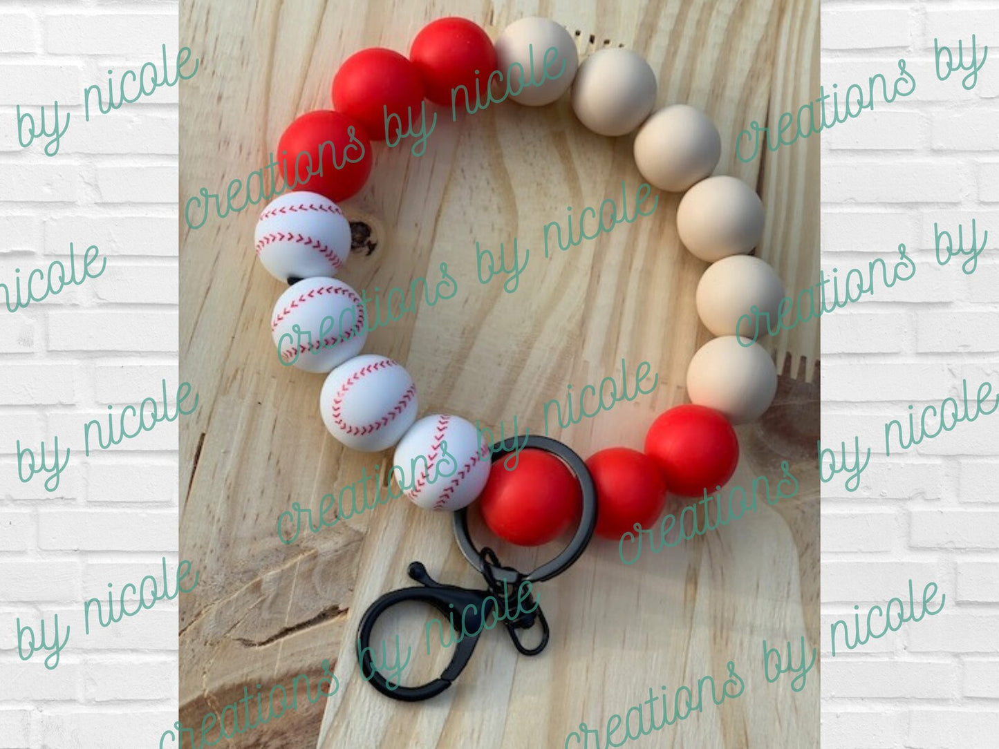 Silicone Beaded Wristlet Keychain Lobster Claw Key Ring Baseball