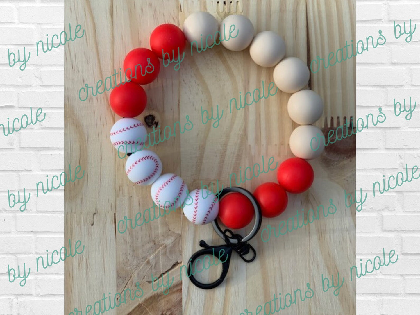 Silicone Beaded Wristlet Keychain Lobster Claw Key Ring Baseball