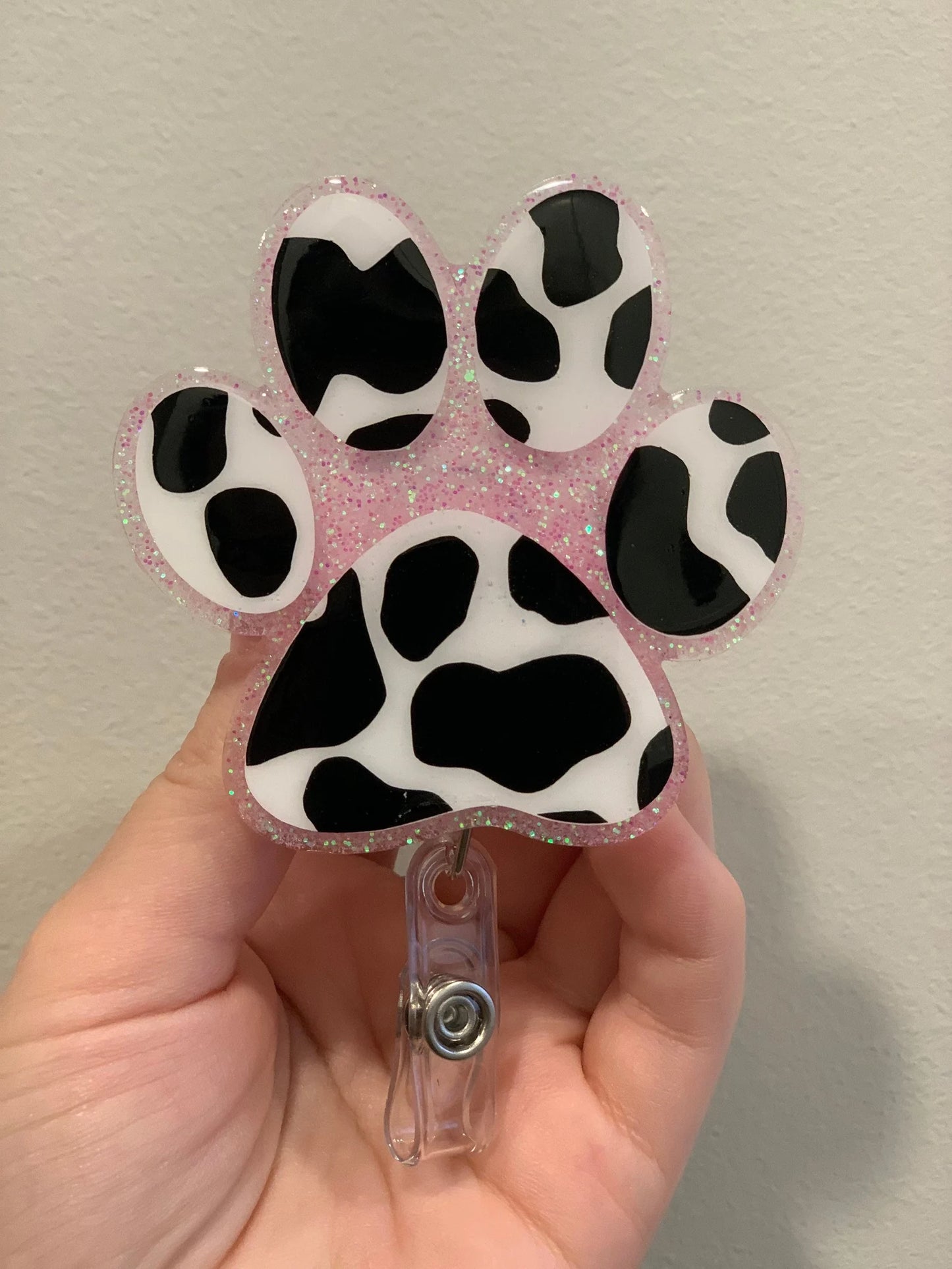 Cow Print Pink Glitter Paw Print Vet Veterinarian Appreciation Dog Lover Dog Mom Animal Mom of Dogs Badge Reel