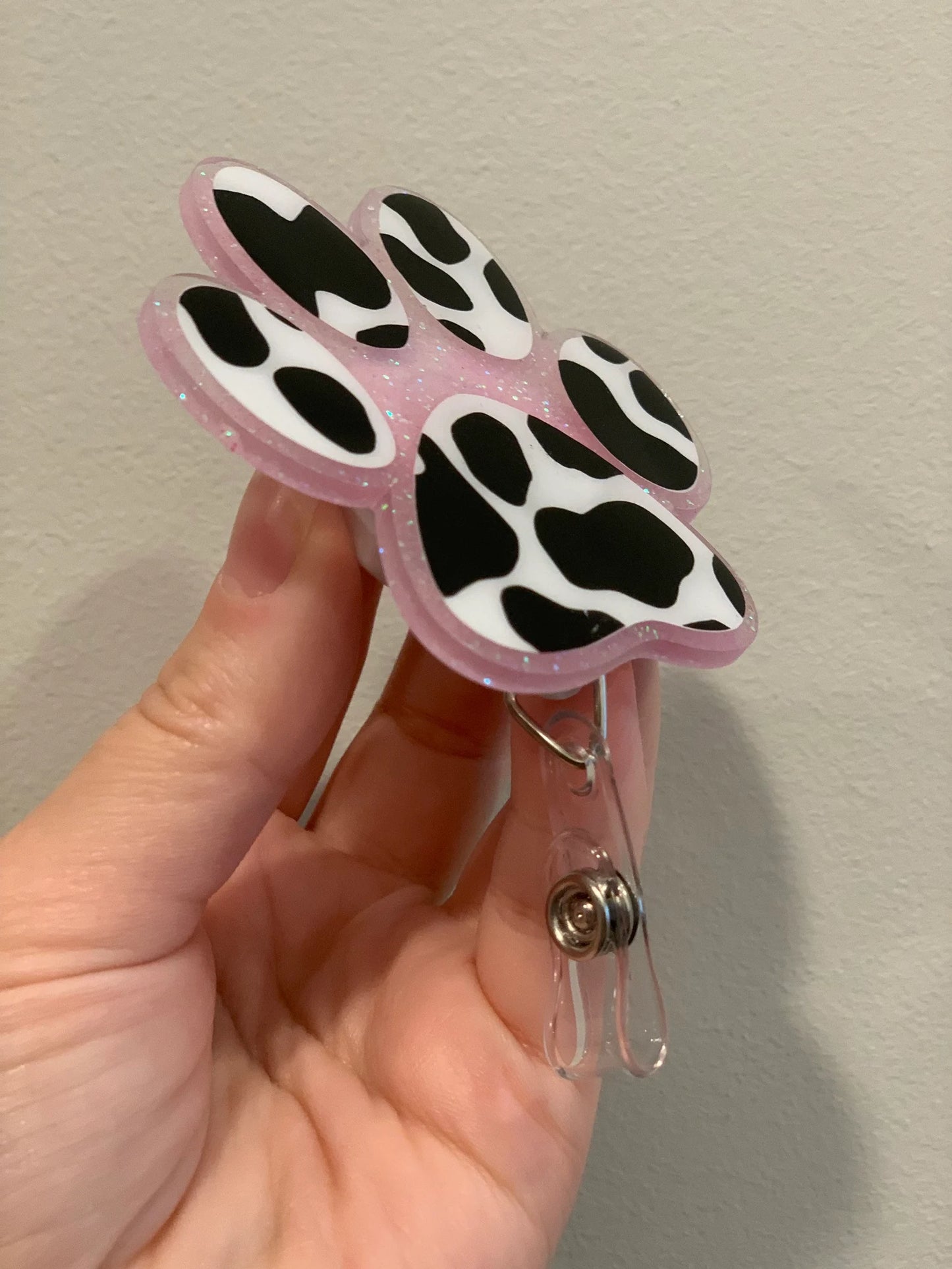 Cow Print Pink Glitter Paw Print Vet Veterinarian Appreciation Dog Lover Dog Mom Animal Mom of Dogs Badge Reel