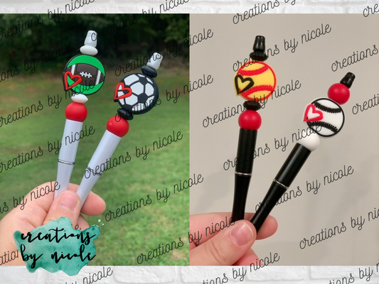 Beaded Ballpoint Pen BLACK Ink - Baseball Love, Softball Love, Soccer Love, Football Love