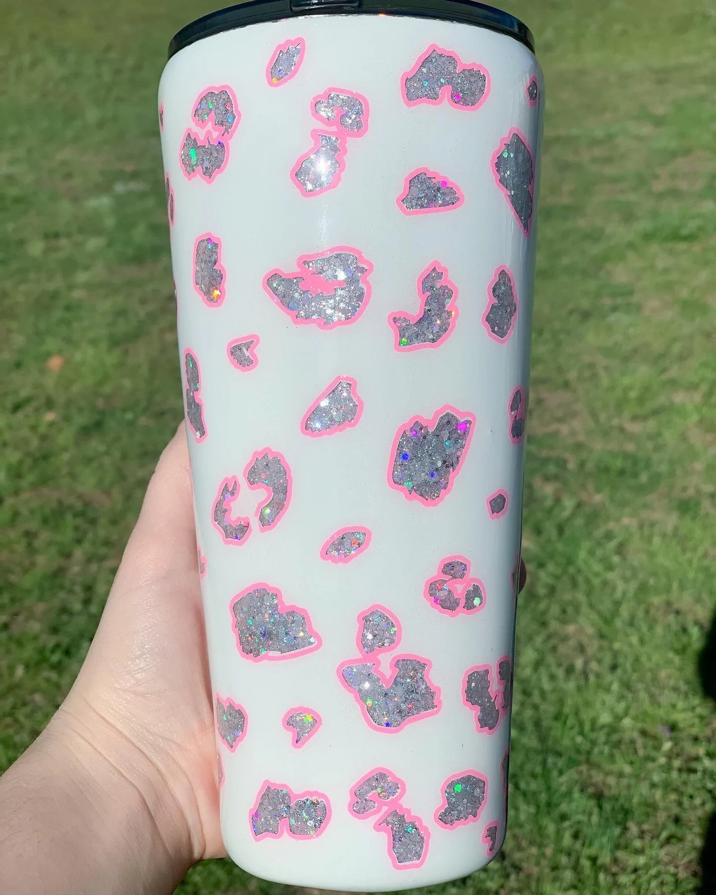 Holographic Silver Peek-a-boo Hot Pink Leopard Tumbler