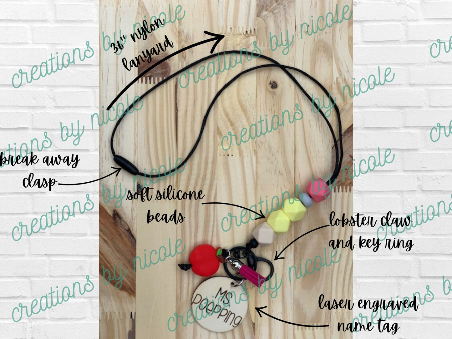 Beaded Teacher Lanyard Laser Engraved Tag Keychain Key Ring Breakaway Lanyard Pencil Apple Teacher Appreciation Gift School Silicone Beads