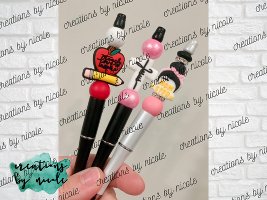 Beaded Ballpoint Pen BLACK Ink - Teach, Love Inspire, Jesus Cross, Momster Mom Bun