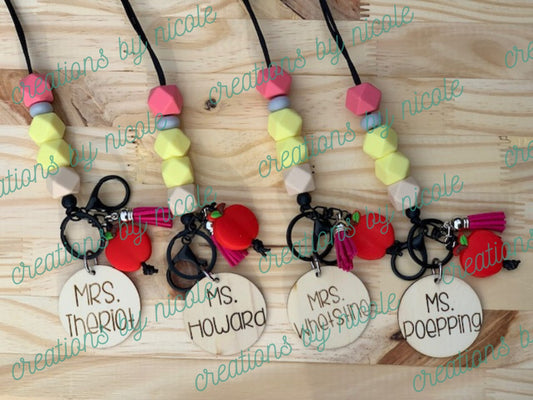 Beaded Teacher Lanyard Laser Engraved Tag Keychain Key Ring Breakaway Lanyard Pencil Apple Teacher Appreciation Gift School Silicone Beads