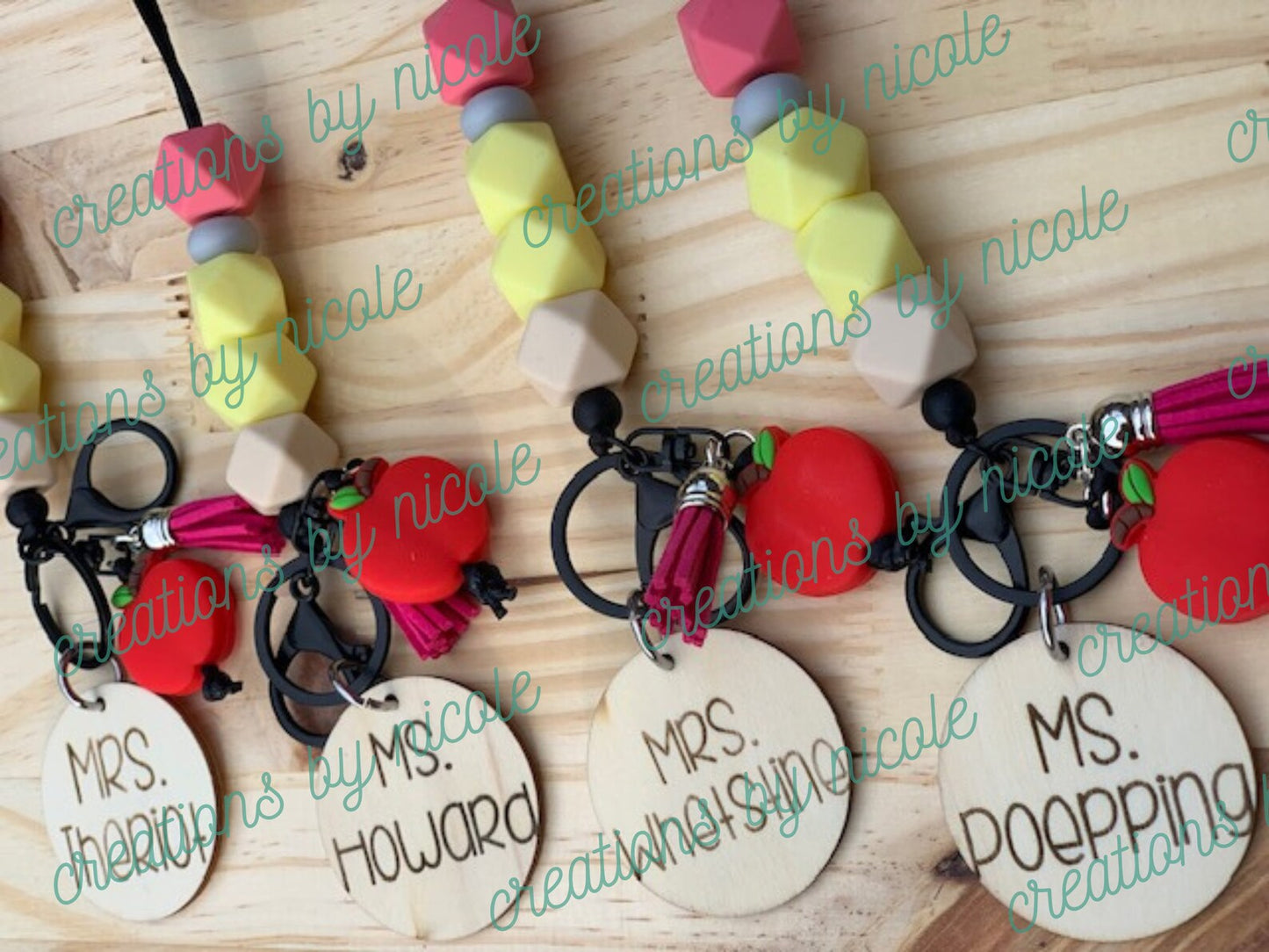 Beaded Teacher Lanyard Laser Engraved Tag Keychain Key Ring Breakaway Lanyard Pencil Apple Teacher Appreciation Gift School Silicone Beads