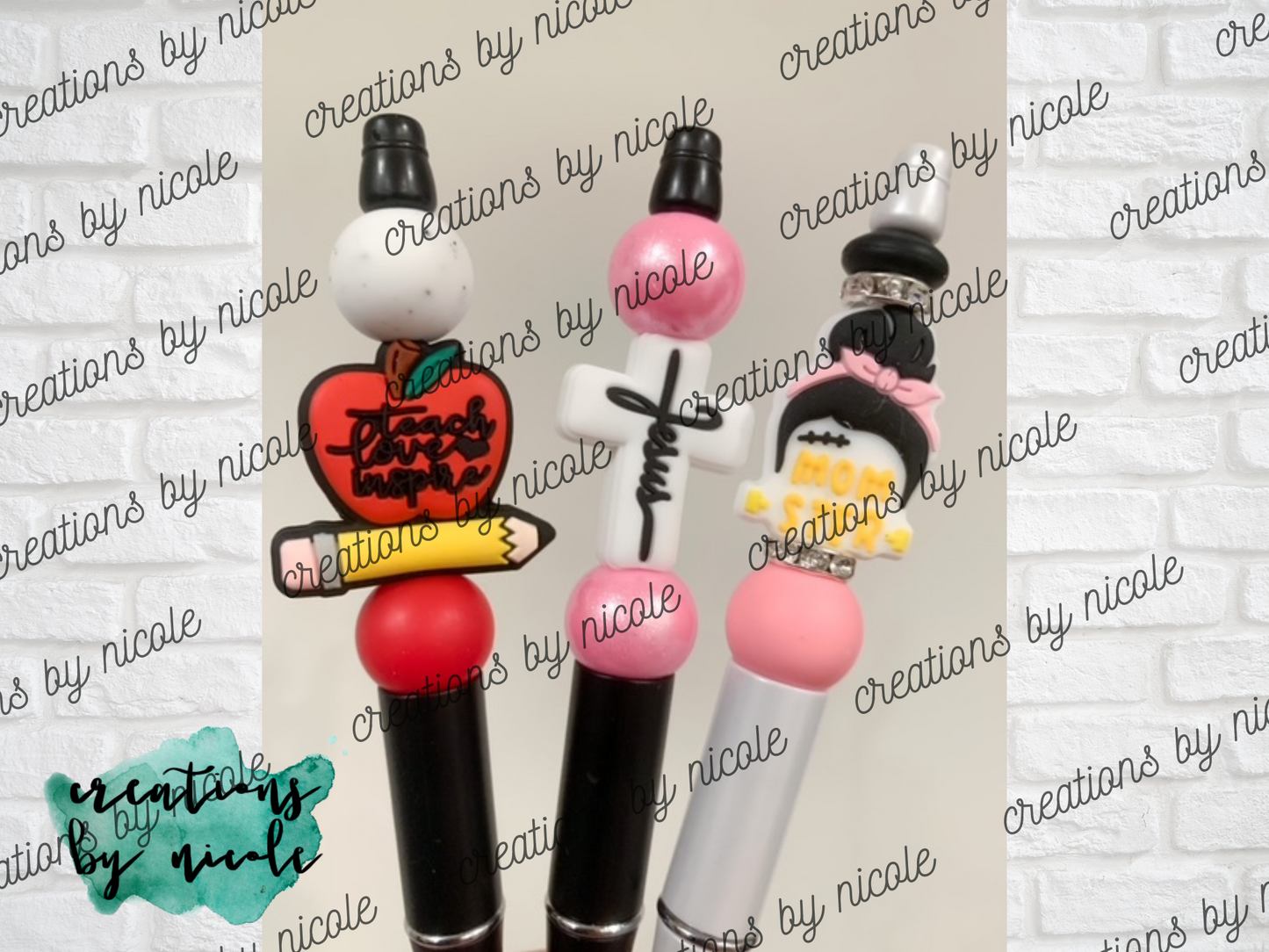 Beaded Ballpoint Pen BLACK Ink - Teach, Love Inspire, Jesus Cross, Momster Mom Bun