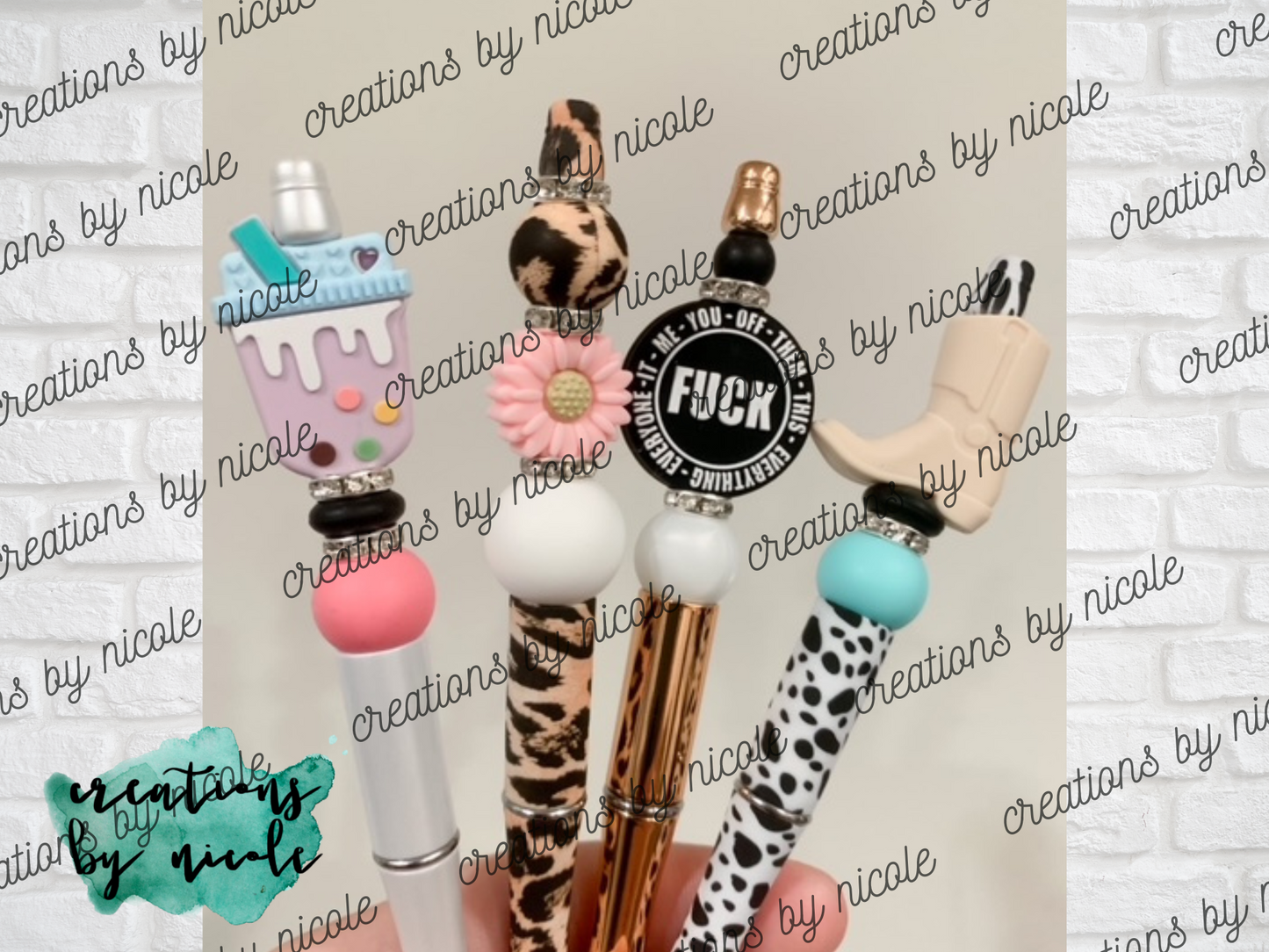 Beaded Ballpoint Ink Pens - F*ck Me You Them, Leopard Daisy, Cowboy Boot, Bubble Tea