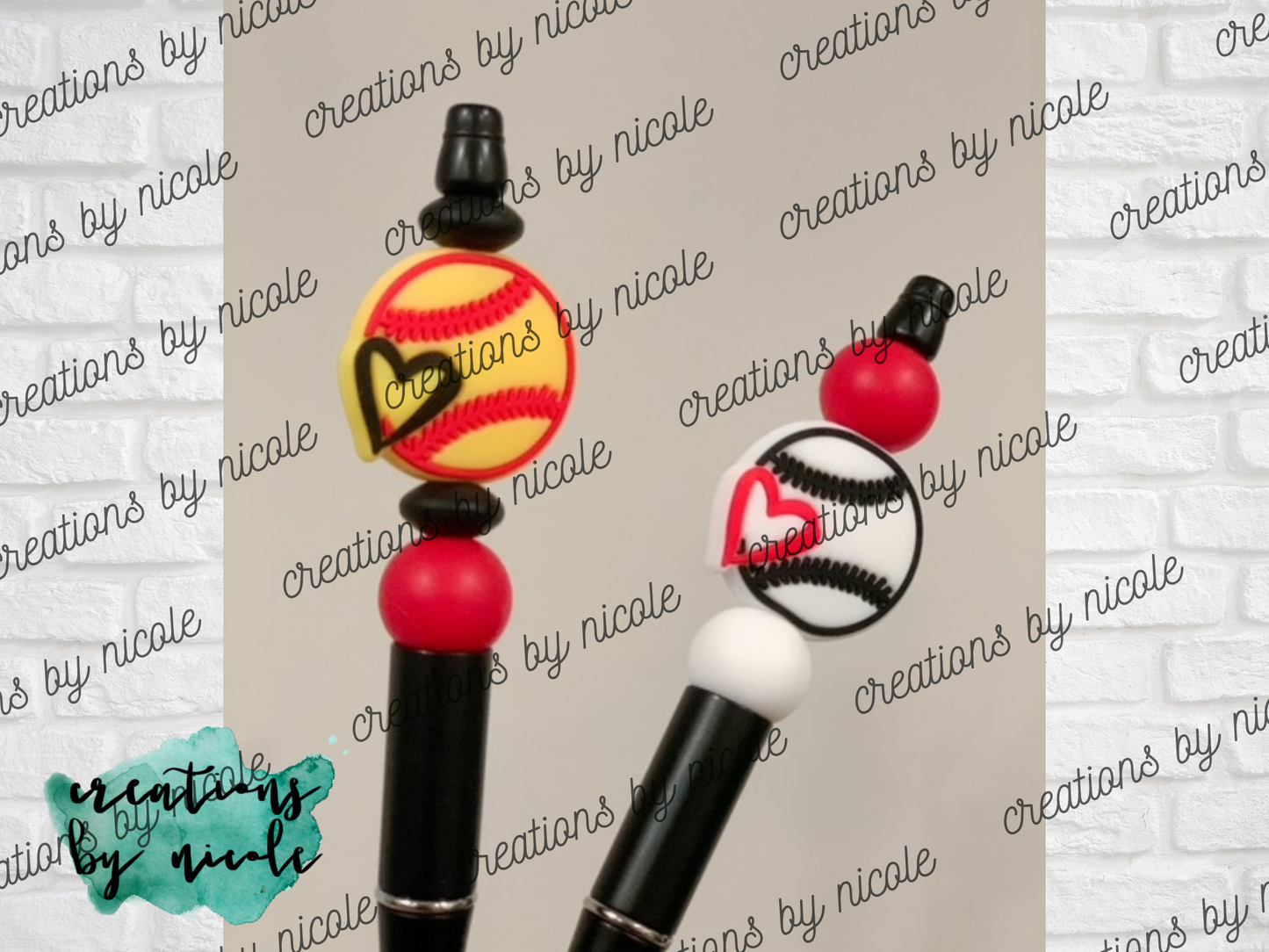 Beaded Ballpoint Pen BLACK Ink - Baseball Love, Softball Love, Soccer Love, Football Love