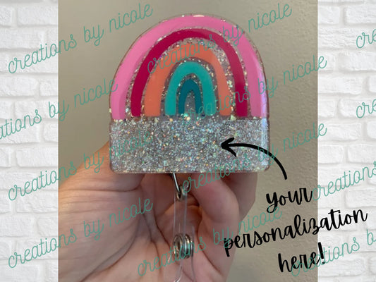 Rainbow Badge Reel Customizable Personalize Nurse Name Badge Reel Glitter 2.25" Retractable Badge Holder