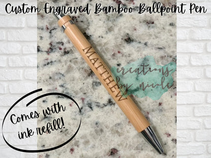 Laser Engraved Bamboo Ballpoint Pen with 1 Refill