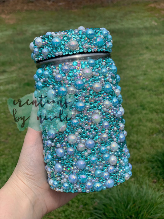 17 oz. Rhinestone Covered Stainless Steel Mason Jar Tumbler with Straw