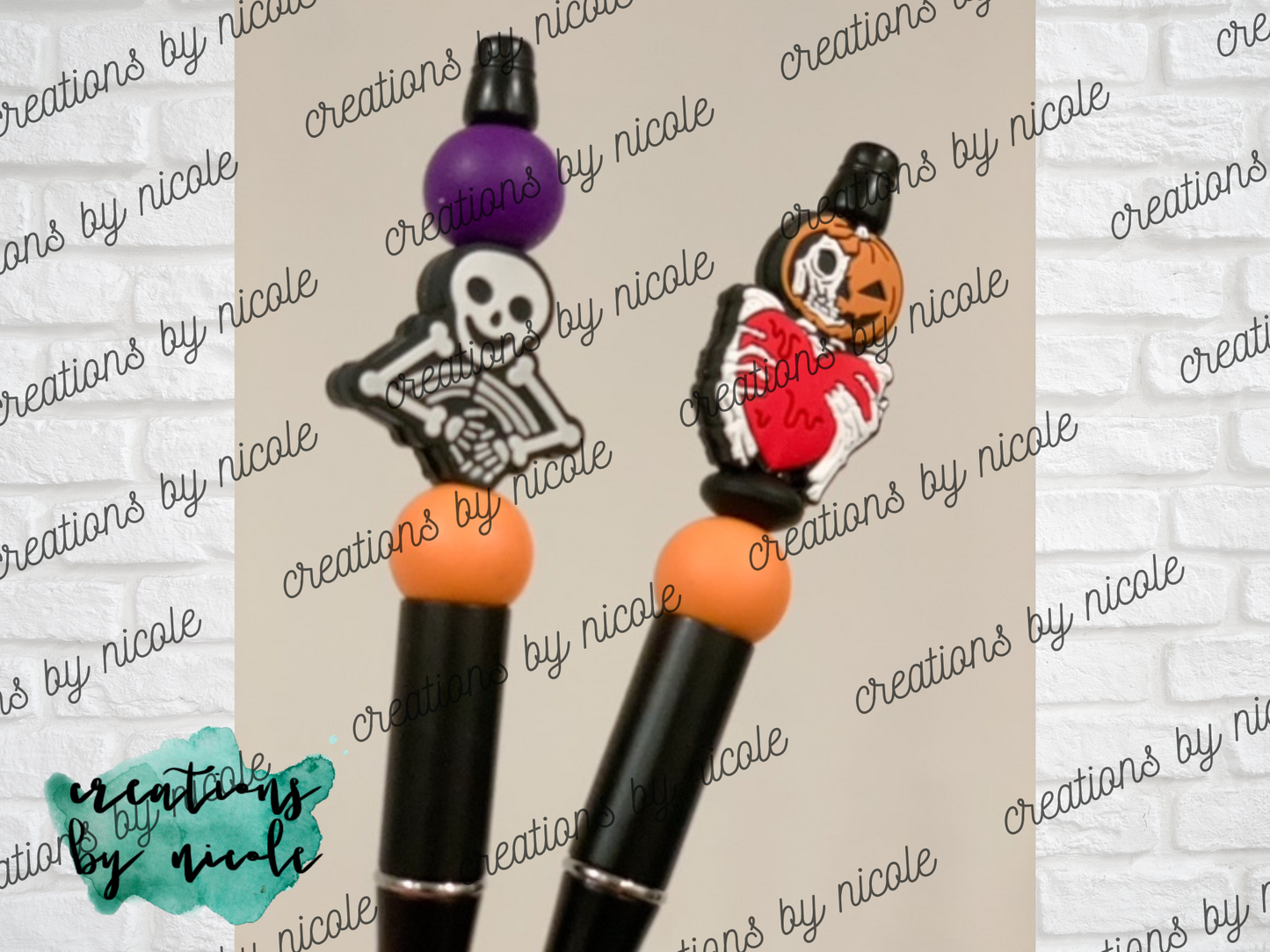 Beaded Ballpoint Pens BLACK Ink - Halloween Skeleton Pumpkin Heart