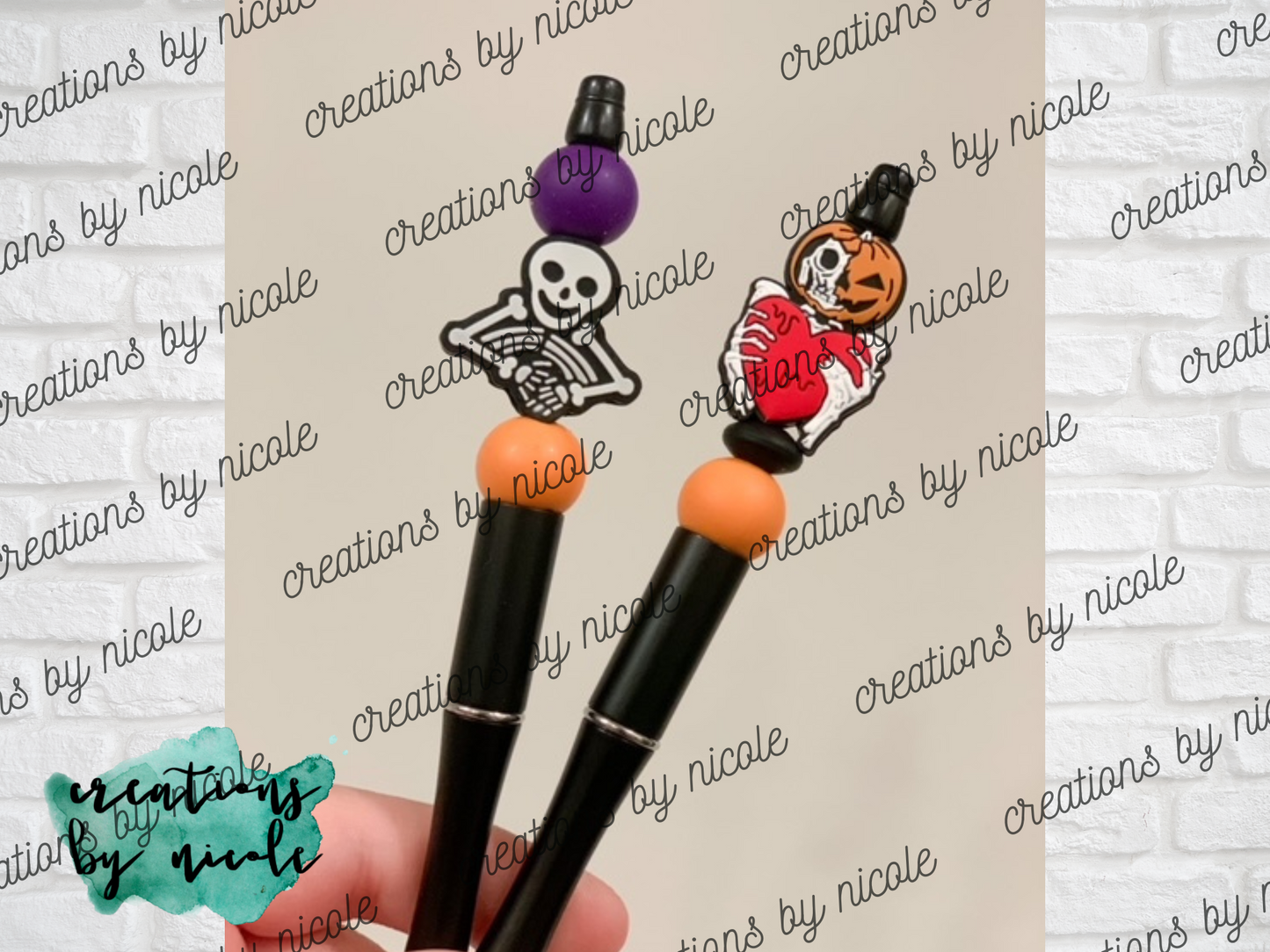 Beaded Ballpoint Pens BLACK Ink - Halloween Skeleton Pumpkin Heart